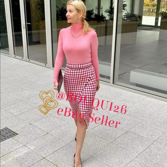 Zara TWEED TEXTURED WEAVE HOUNDSTOOTH
High-waist Midi Skirt Front Slit Pink NEW - Picture 6 of 16
